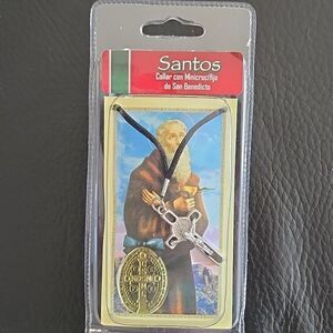 St. Benedict Patron Saint Prayer Card w/ cross package faith gift necklace black
